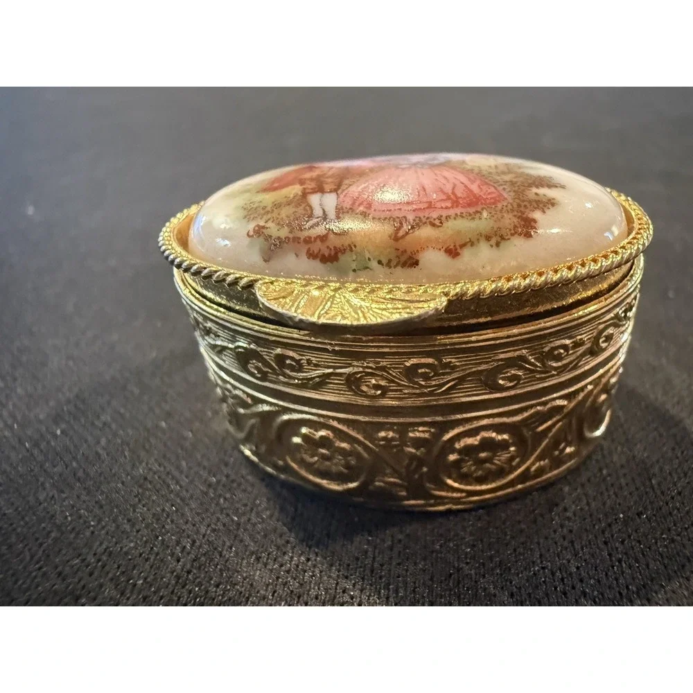 Vintage Fragonard Pill Box Etched Round Gold Tiny Trinket  Snuff Box Pink